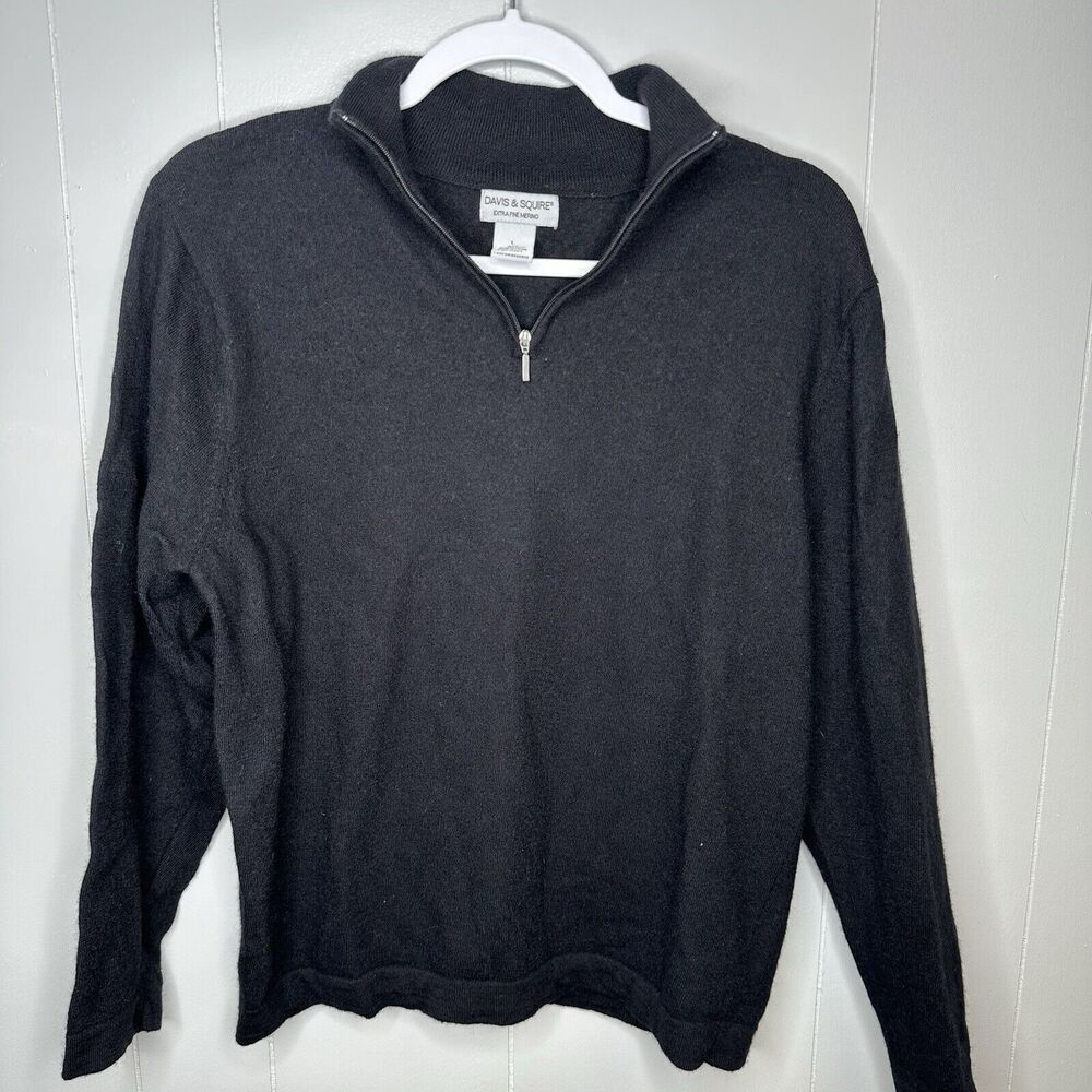 Davis & Squire Mens Sweater Size L Extra Fine Merino Wool 1/4 Zip Pullover Black
